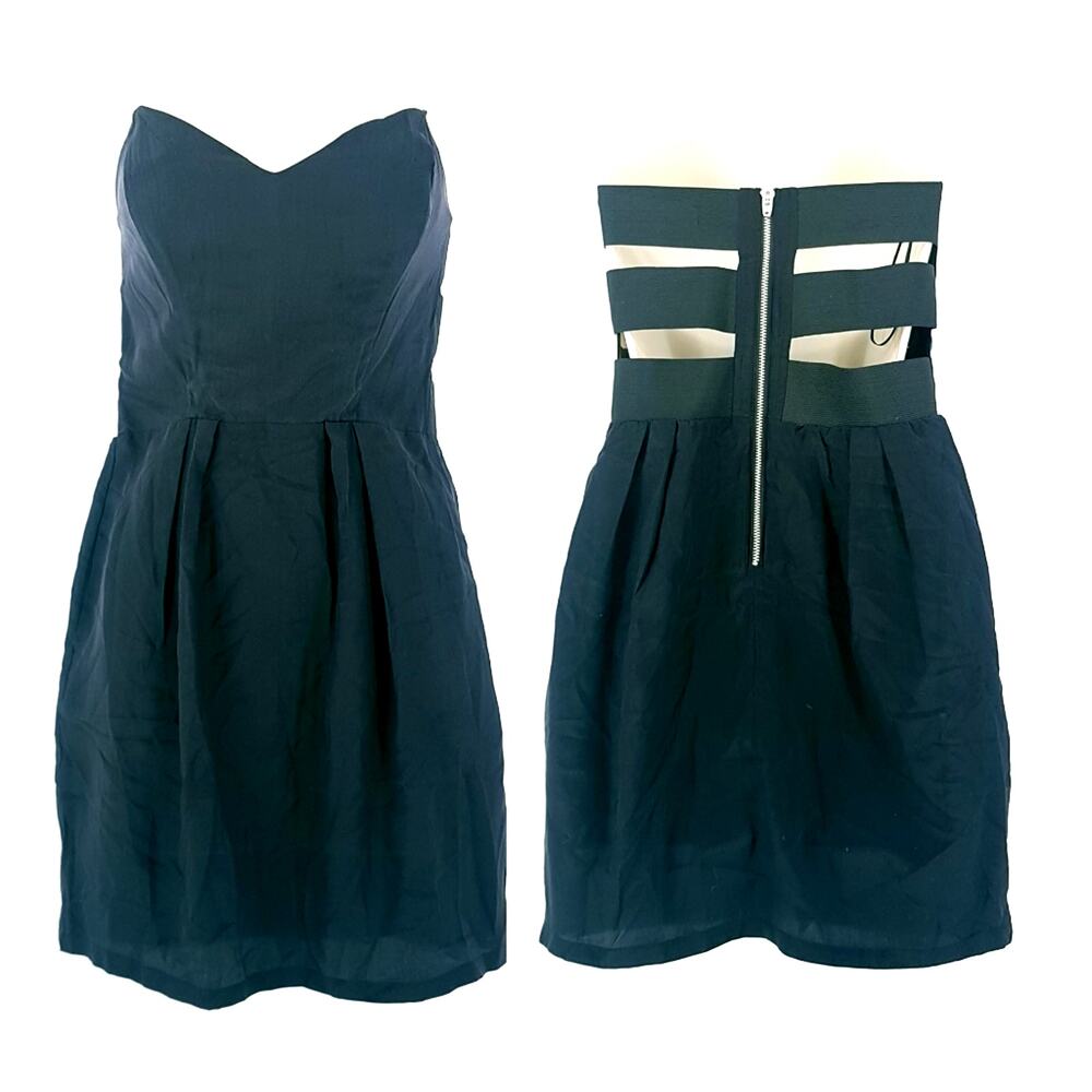 NWT Myne Ashley Ann 100% Silk Black Strapless Caged Back Mini Dress Party Dress
